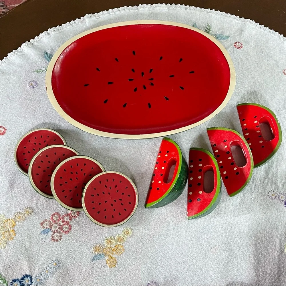 Vintage Wooden Watermelon Cocktail Tray Set. 4 Coasters & 4 Napkin Holders. 14